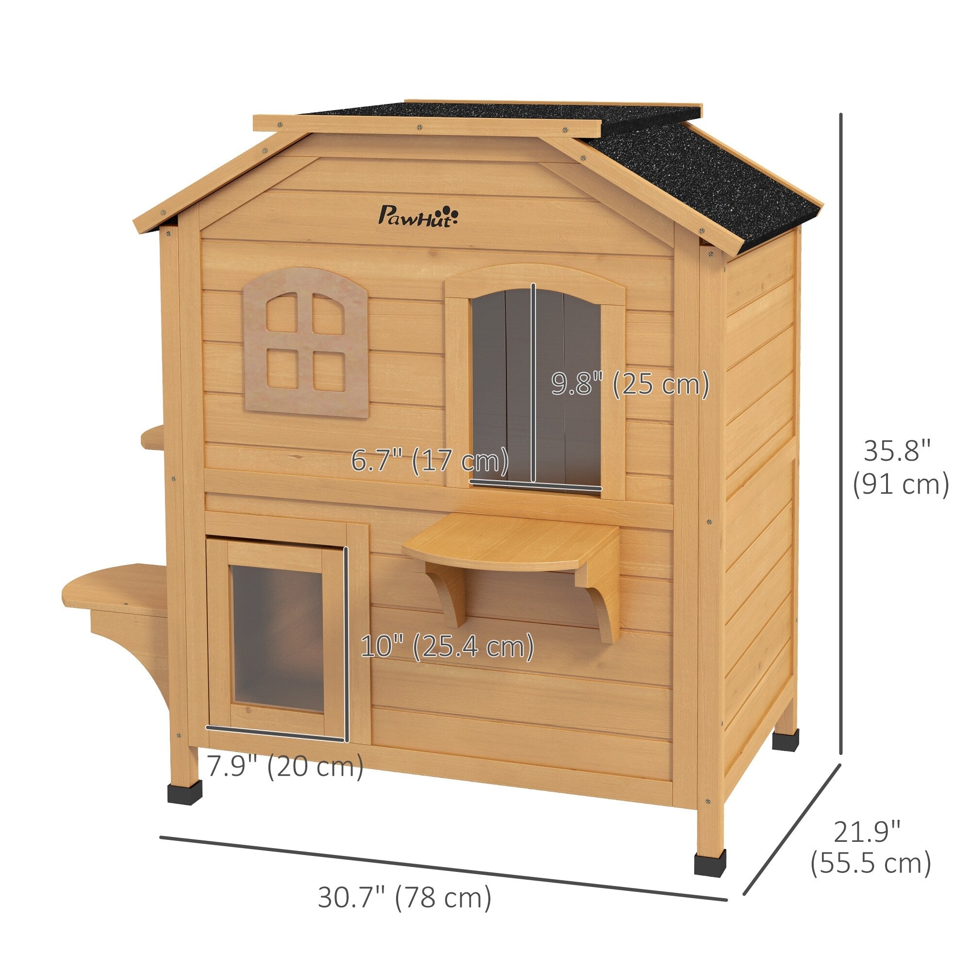 Maison pour chat d'extérieur PawHut en bois de sapin à deux étages, abri pour chats sauvages en bois avec toit en asphalte ouvrable pour intérieur/extérieur, blanc/gris