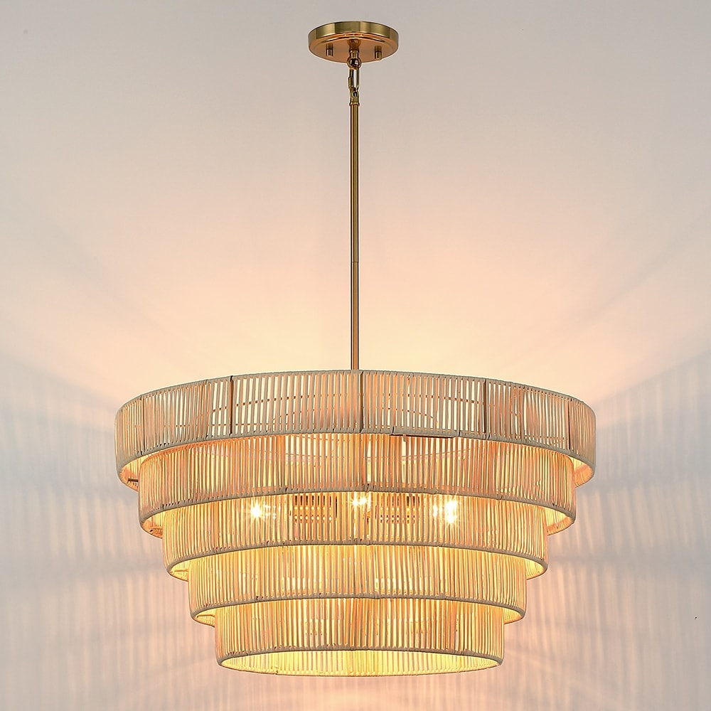 Lustre bohème moderne Piersan à 5 lumières avec abat-jour en rotin à plusieurs niveaux - 26 po de largeur