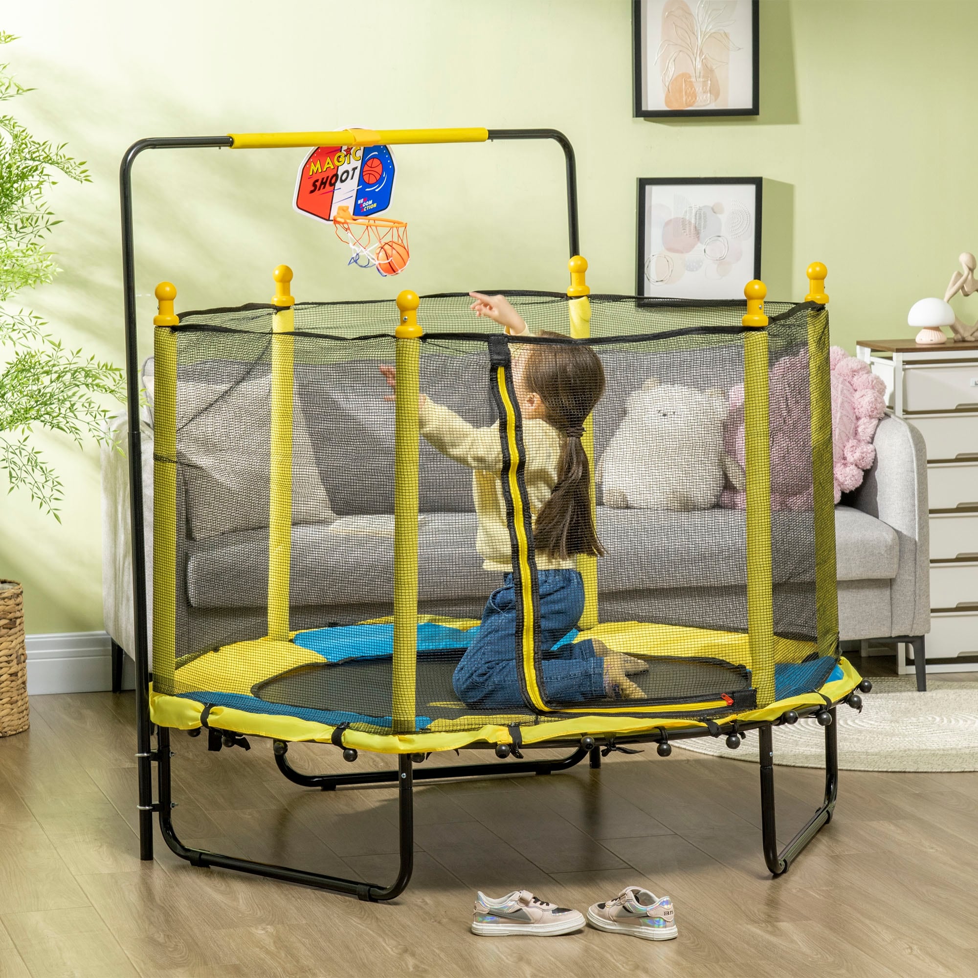 Trampoline Qaba pour enfants de 4,6 pi avec panier de basket, barre horizontale et trampoline d'intérieur de 55 po avec filet