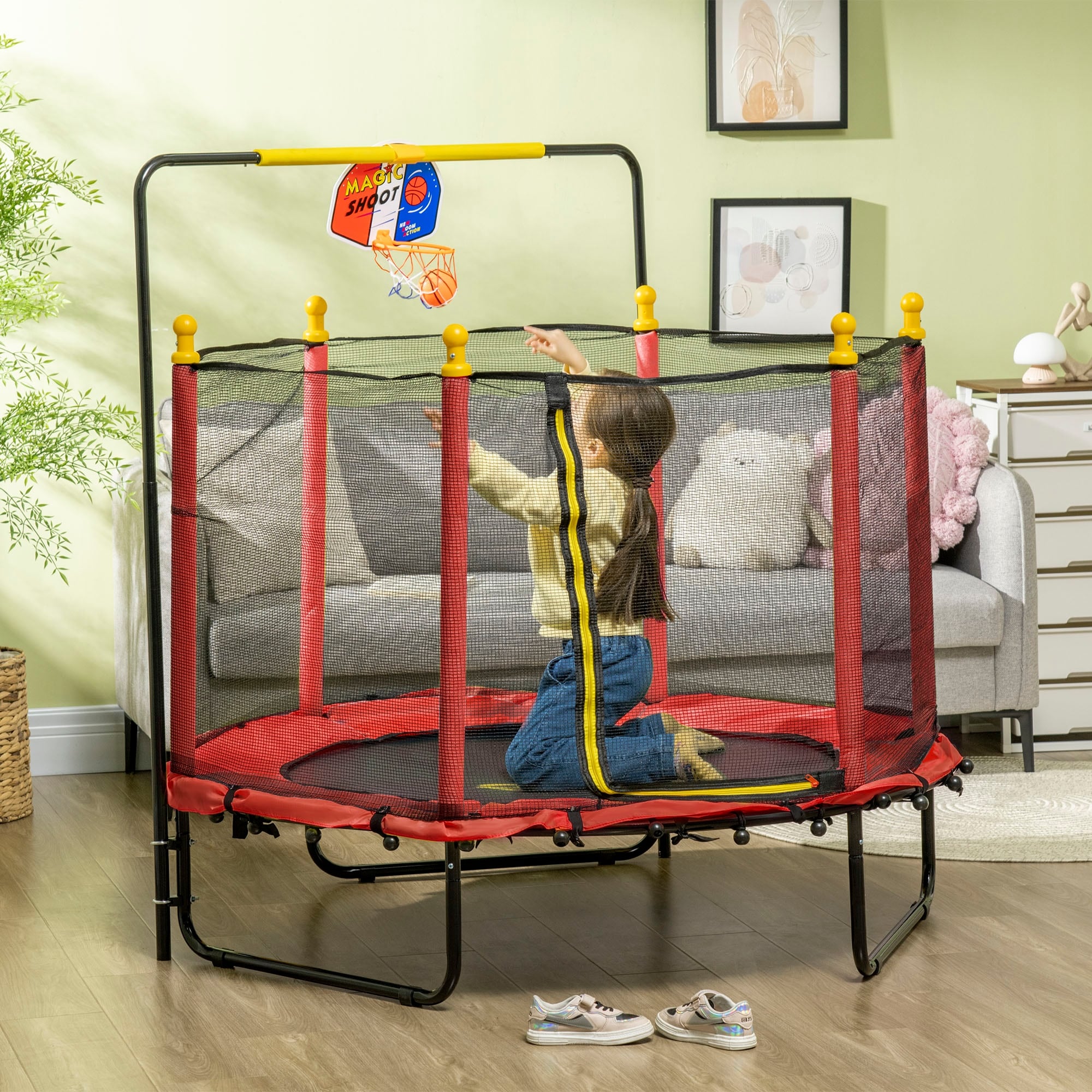 Trampoline Qaba pour enfants de 4,6 pi avec panier de basket, barre horizontale et trampoline d'intérieur de 55 po avec filet