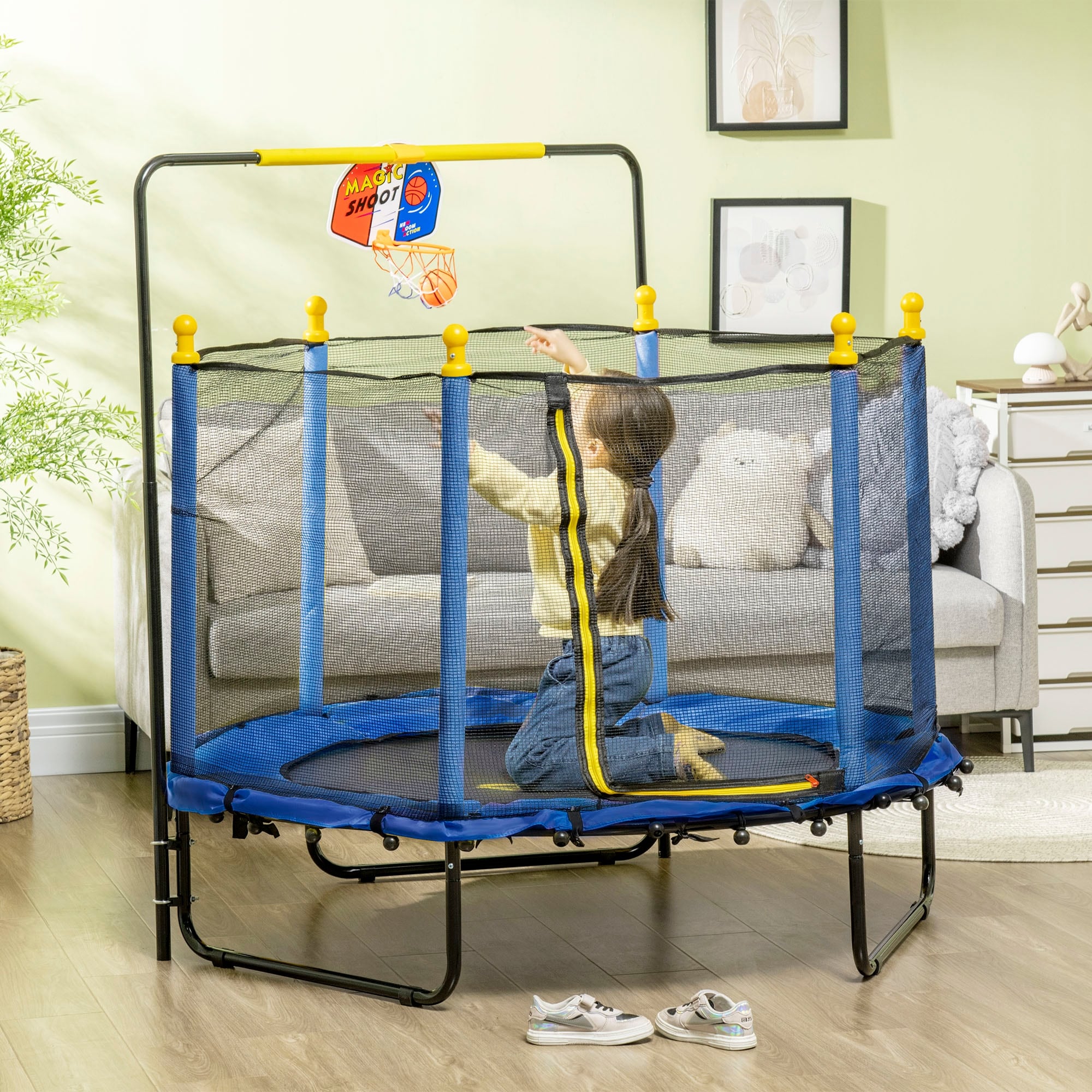 Trampoline Qaba pour enfants de 4,6 pi avec panier de basket, barre horizontale et trampoline d'intérieur de 55 po avec filet