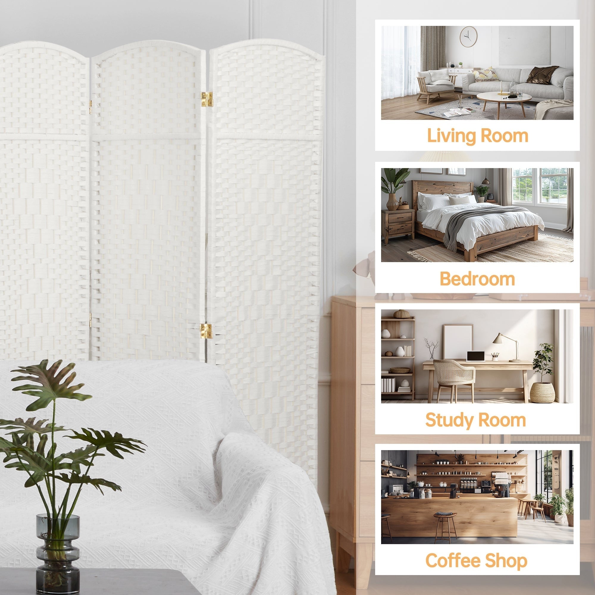 Paravent de séparation de pièce de 6 pieds de haut en fibre tissée, écran de confidentialité autoportant, écran pliant