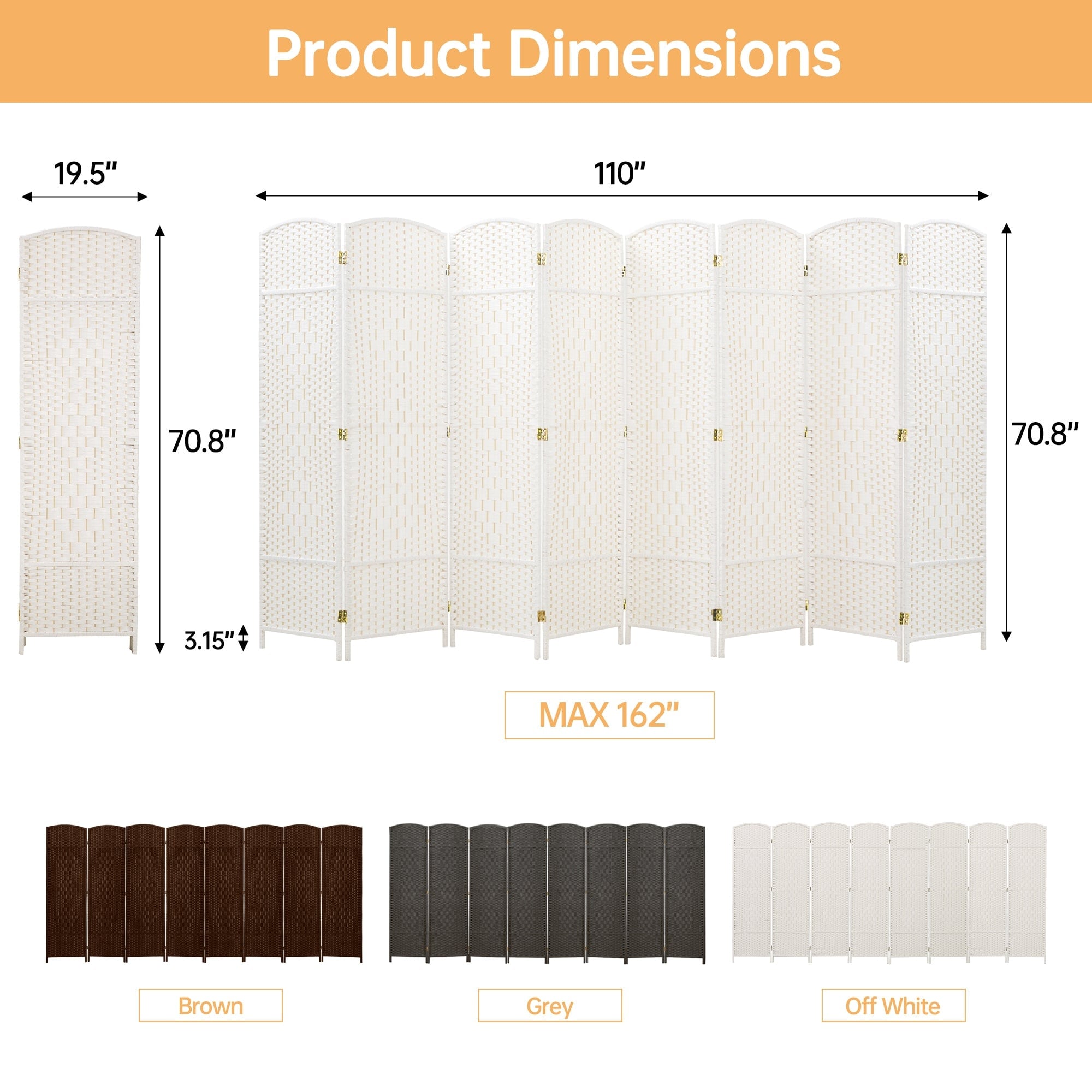Paravent de séparation de pièce de 6 pieds de haut en fibre tissée, écran de confidentialité autoportant, écran pliant