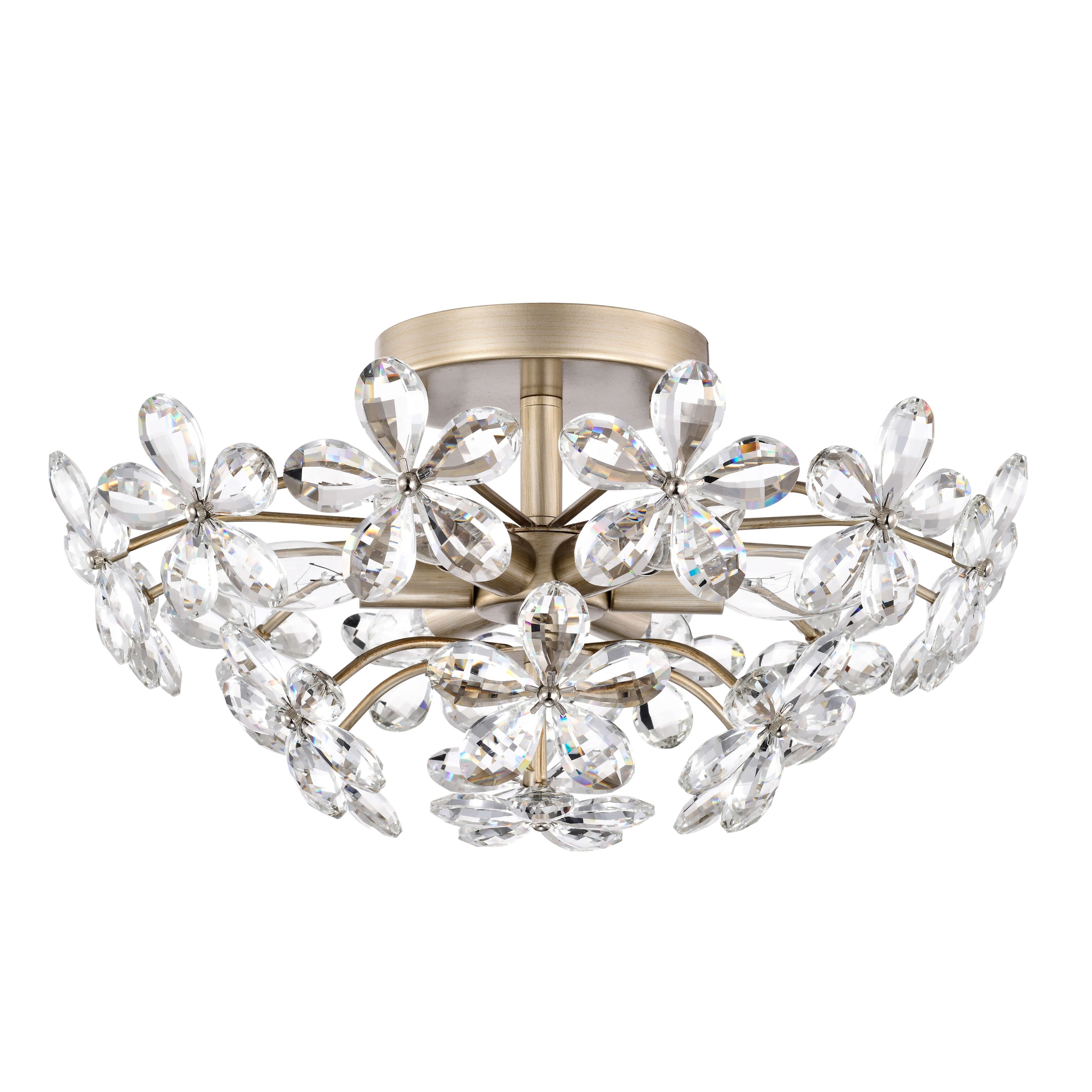 Plafonnier Rosa à 6 lumières en cristal argenté brossé, motif fleur de champagne - 45 cm de diamètre x 22 cm de hauteur