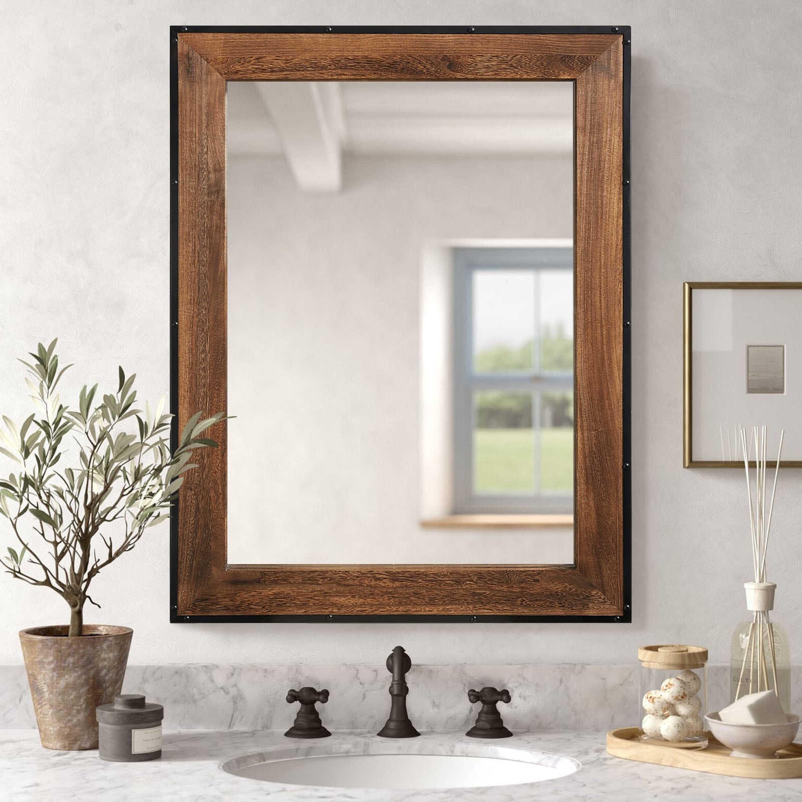 Miroir mural rustique en bois naturel et cadre en fer