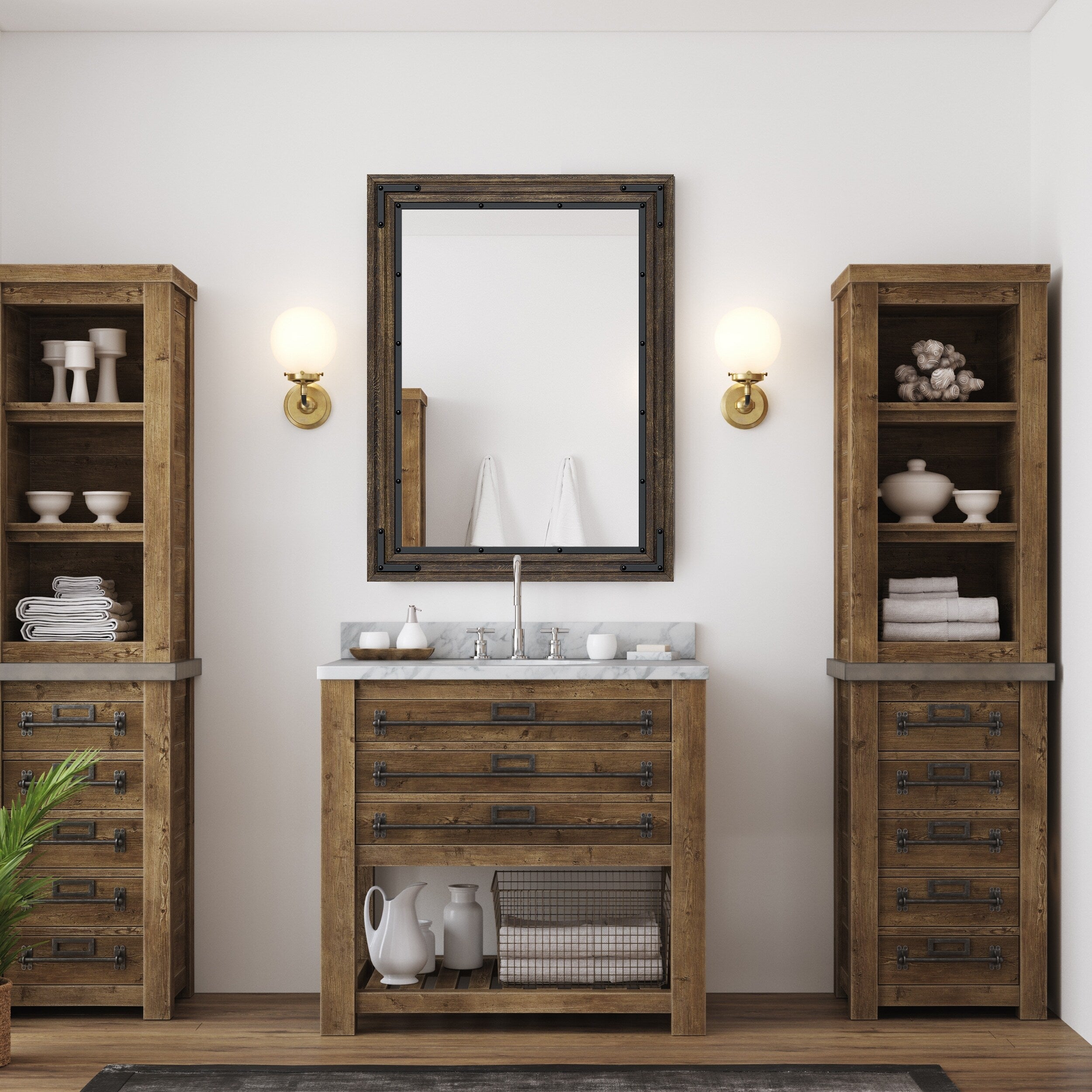 Miroir mural rustique encadré en bois, miroir de salle de bain en bois naturel