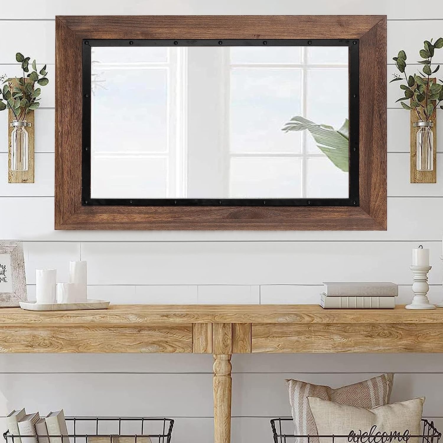 Miroir de salle de bain mural rustique en bois et fer encastré