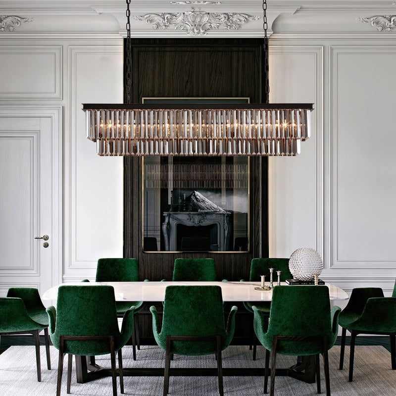 Lustre contemporain en cristal gris fumé et noir de 47 po, design linéaire à deux niveaux, luminaire suspendu pour îlot de cuisine et salle à manger.