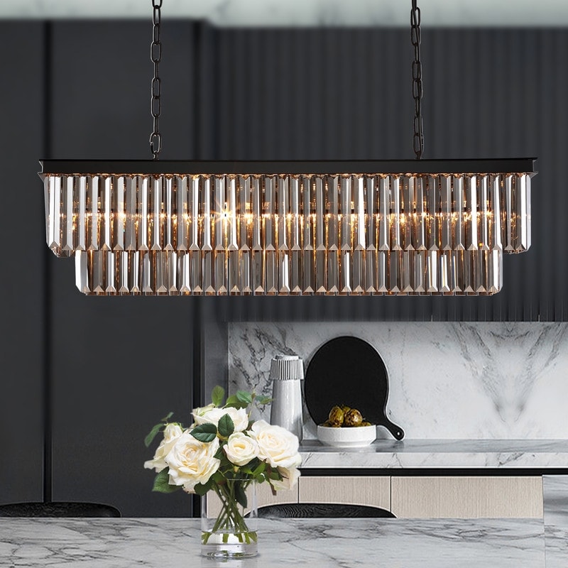 Lustre contemporain en cristal gris fumé et noir de 47 po, design linéaire à deux niveaux, luminaire suspendu pour îlot de cuisine et salle à manger.