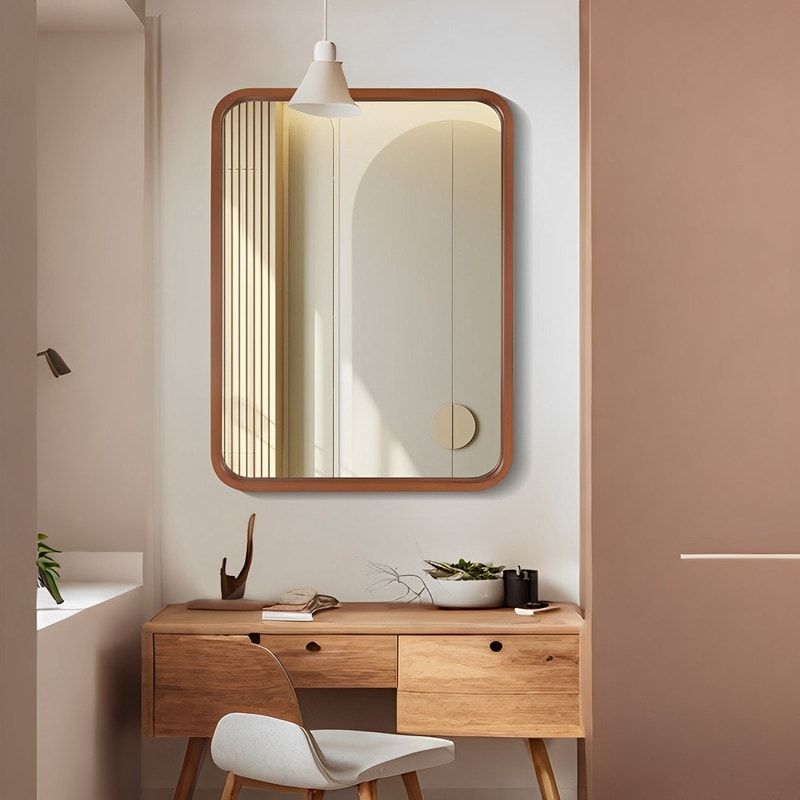 Miroir mural rectangulaire d'angle rond avec cadre en bois massif