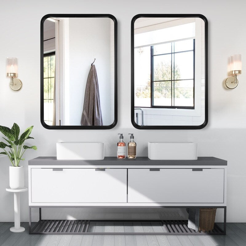 Miroir mural rectangulaire d'angle rond avec cadre en bois massif