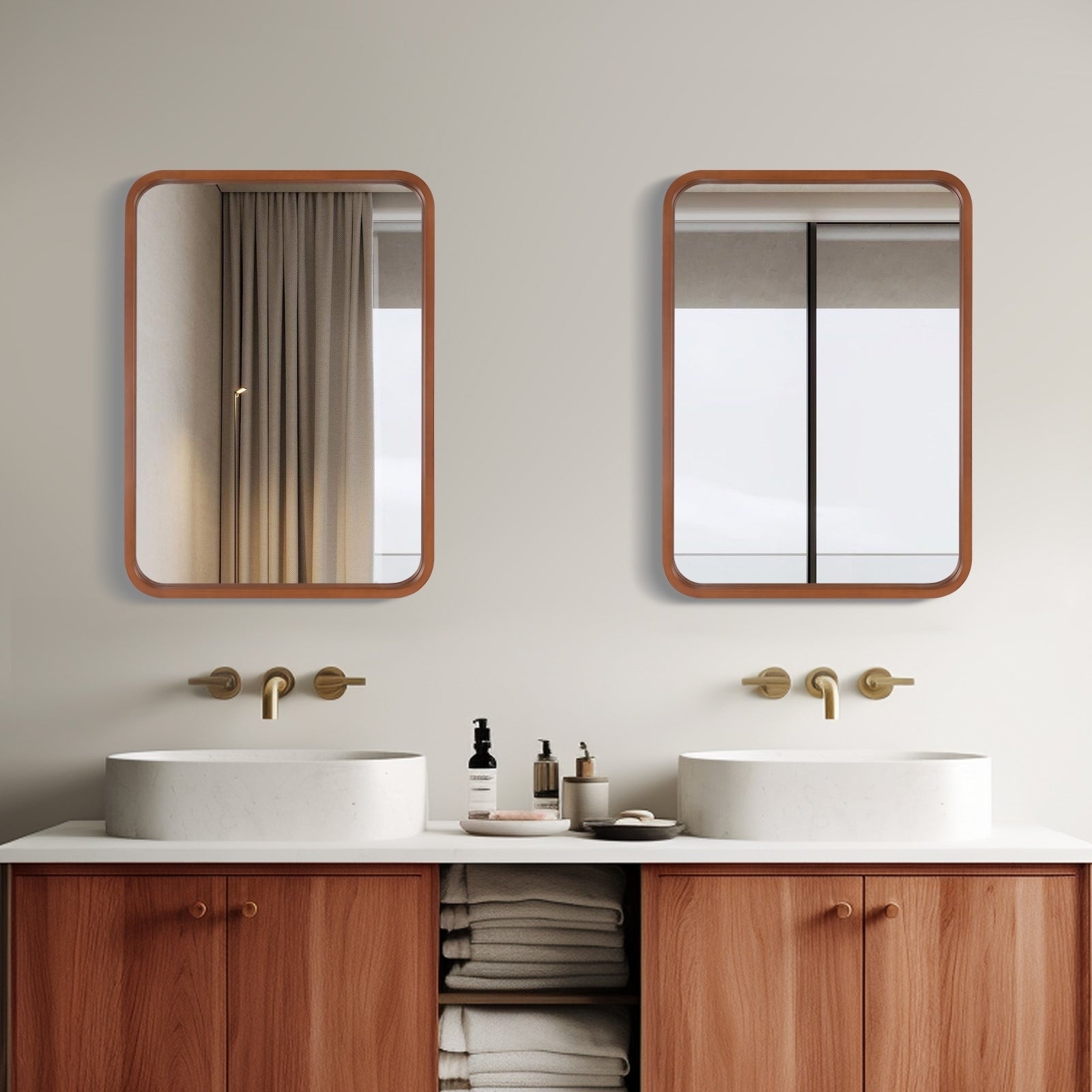 Miroir mural rectangulaire d'angle rond avec cadre en bois massif