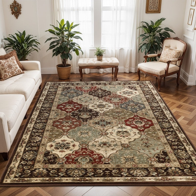 Tapis d'intérieur ou de couloir traditionnel à médaillon floral Palmyra de qualité supérieure