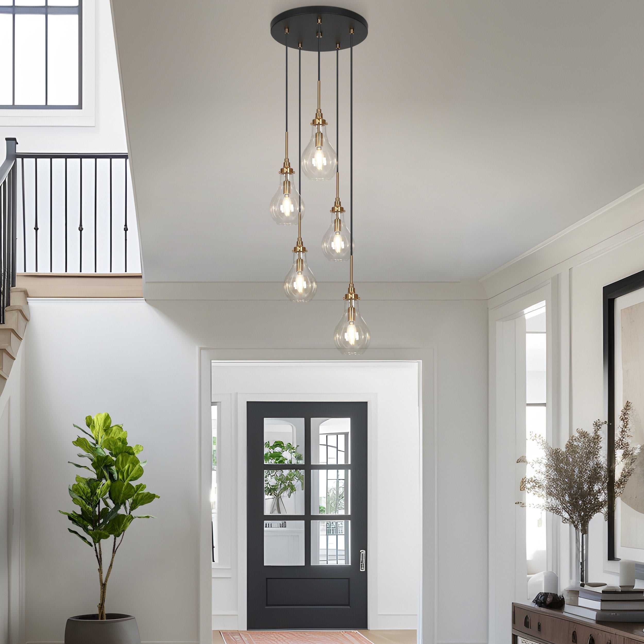 Synia Lustre moderne à 5 lumières en forme de larme en verre pour escalier, entrée, haut plafond - 38,1 cm x 46,2 à 189,9 cm