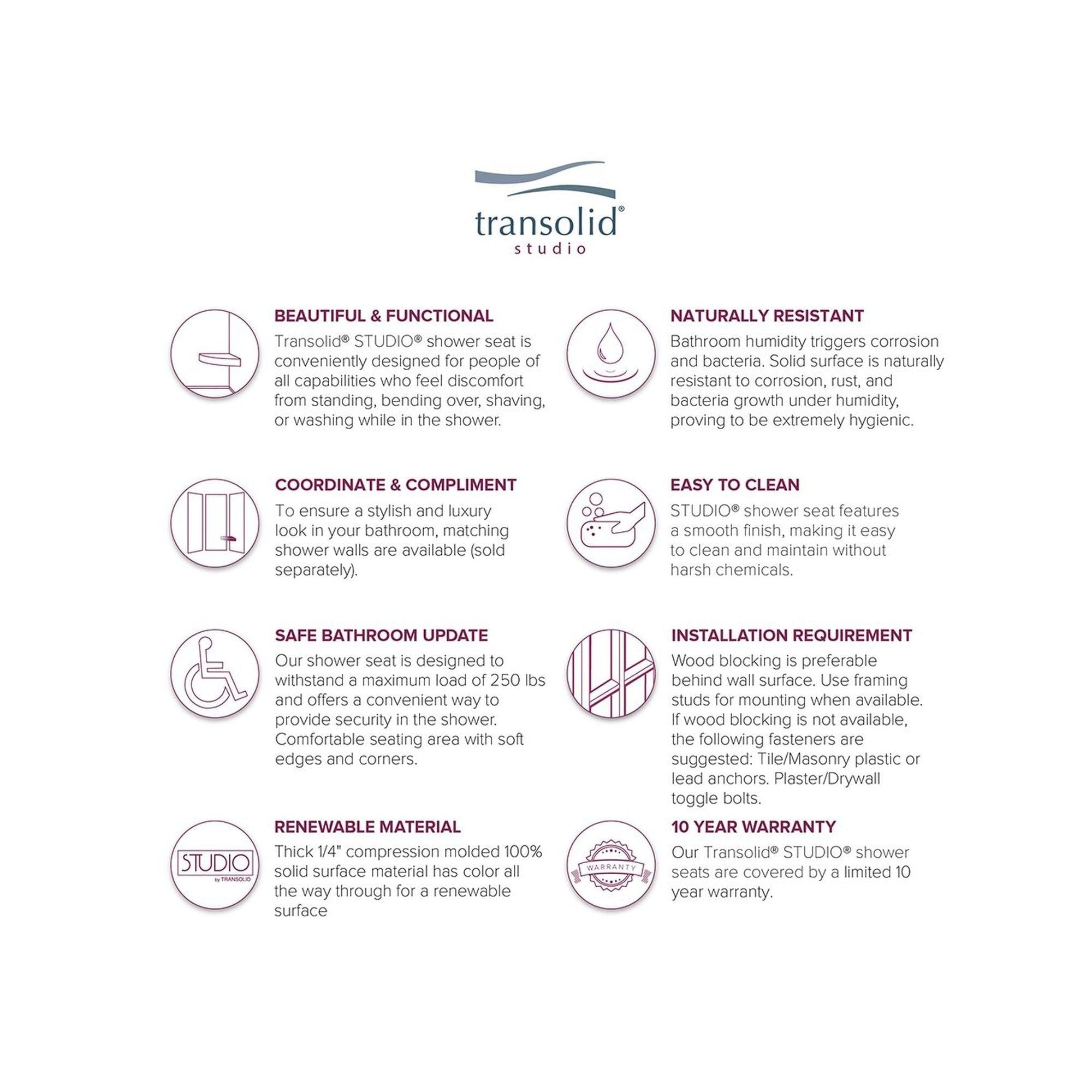 Siège de douche d'angle mural en surface solide Transolid Studio 14 po x 14 po - 14,5 x 14,25 x 3