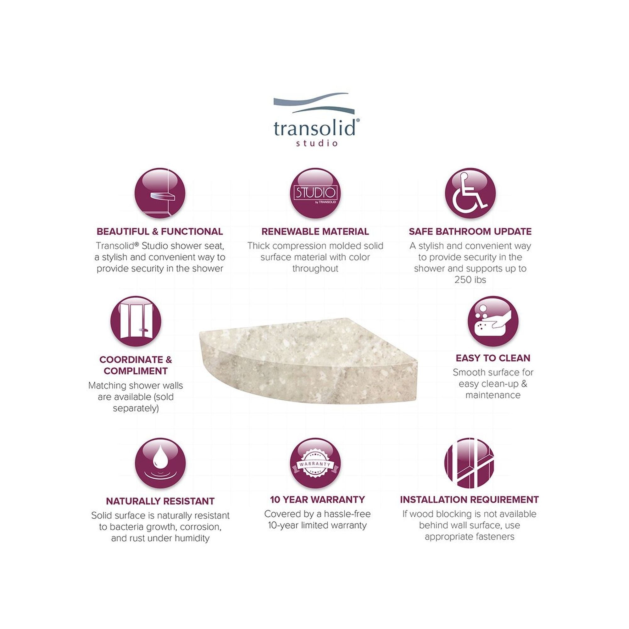 Siège de douche d'angle mural en surface solide Transolid Studio 14 po x 14 po - 14,5 x 14,25 x 3