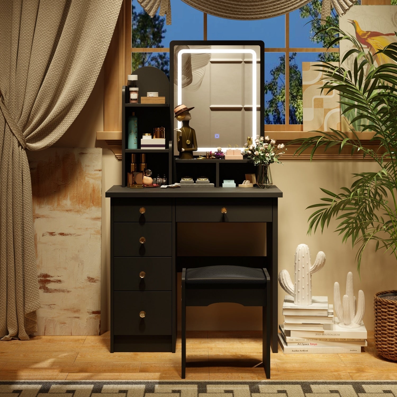 Ensemble de coiffeuse avec miroir et lampe, coiffeuse de maquillage avec tabouret