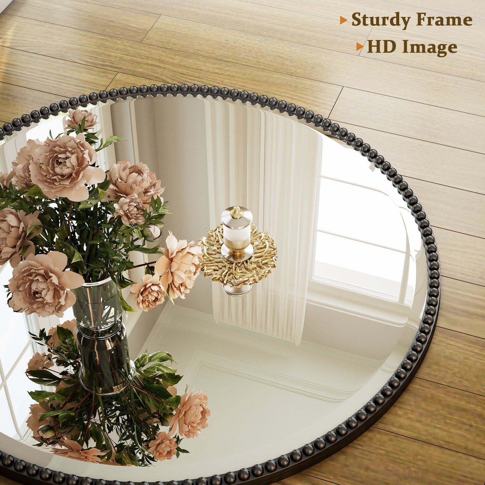 Miroir de salle de bain rond vintage avec cadre perlé