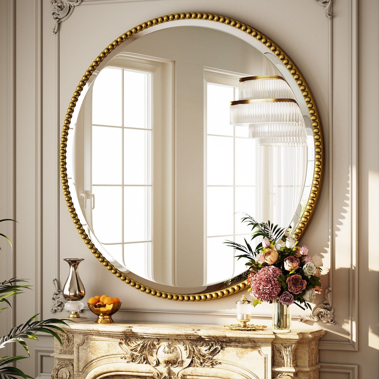 Miroir de salle de bain rond vintage avec cadre perlé