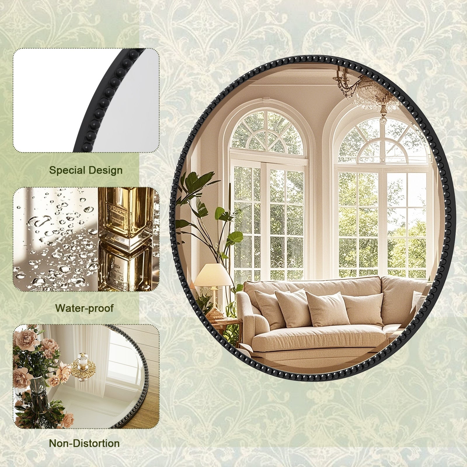 Miroir de salle de bain rond vintage avec cadre perlé