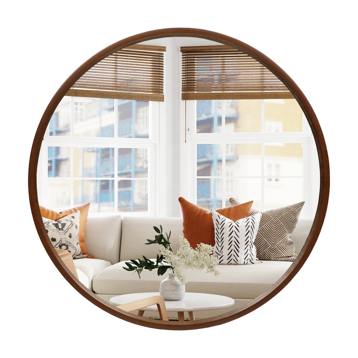 Miroir mural rond classique de style ferme avec cadre en bois